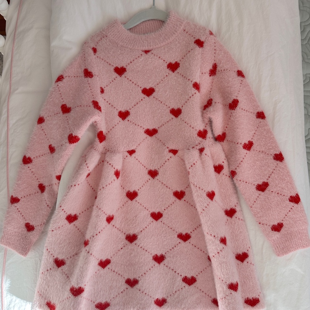 Girls Pink Sweater Dress with Red Hearts, size 5-6